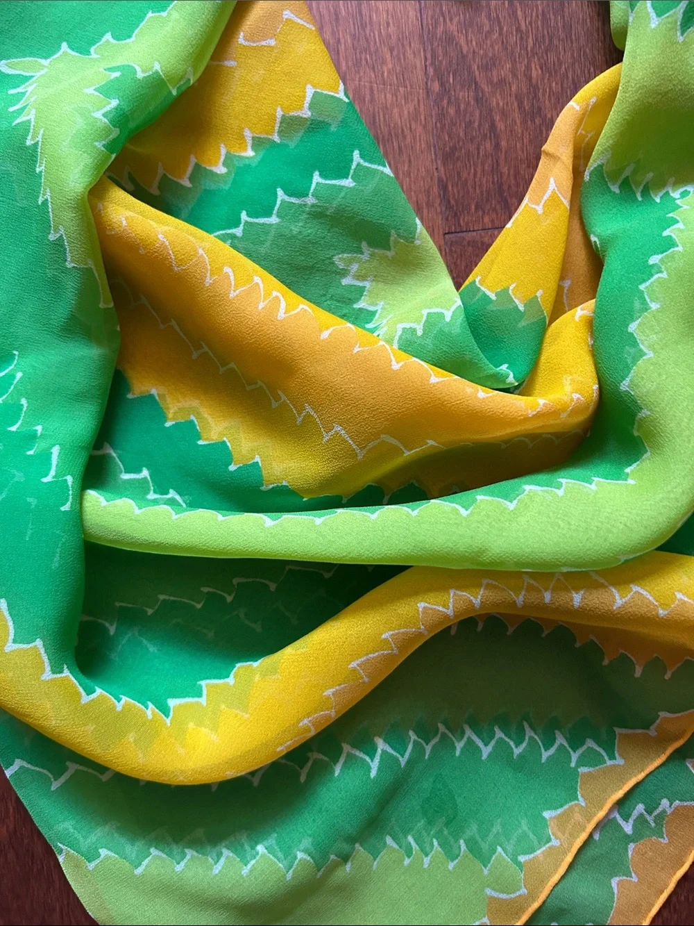 Vintage Silky Lightweight Green and Yellow Geometric Scarf